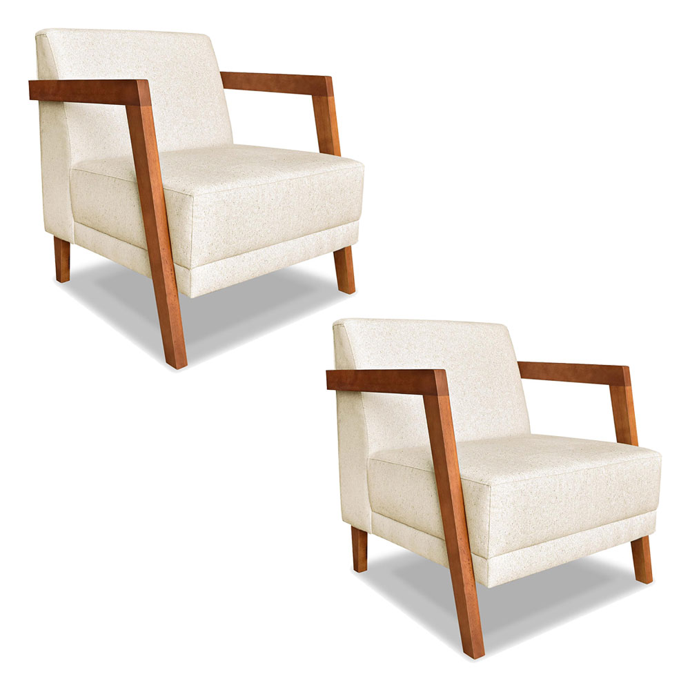 Kit 02 Poltronas Decorativa Natália Linho Bege Base em Madeira Castanho - Pallazio