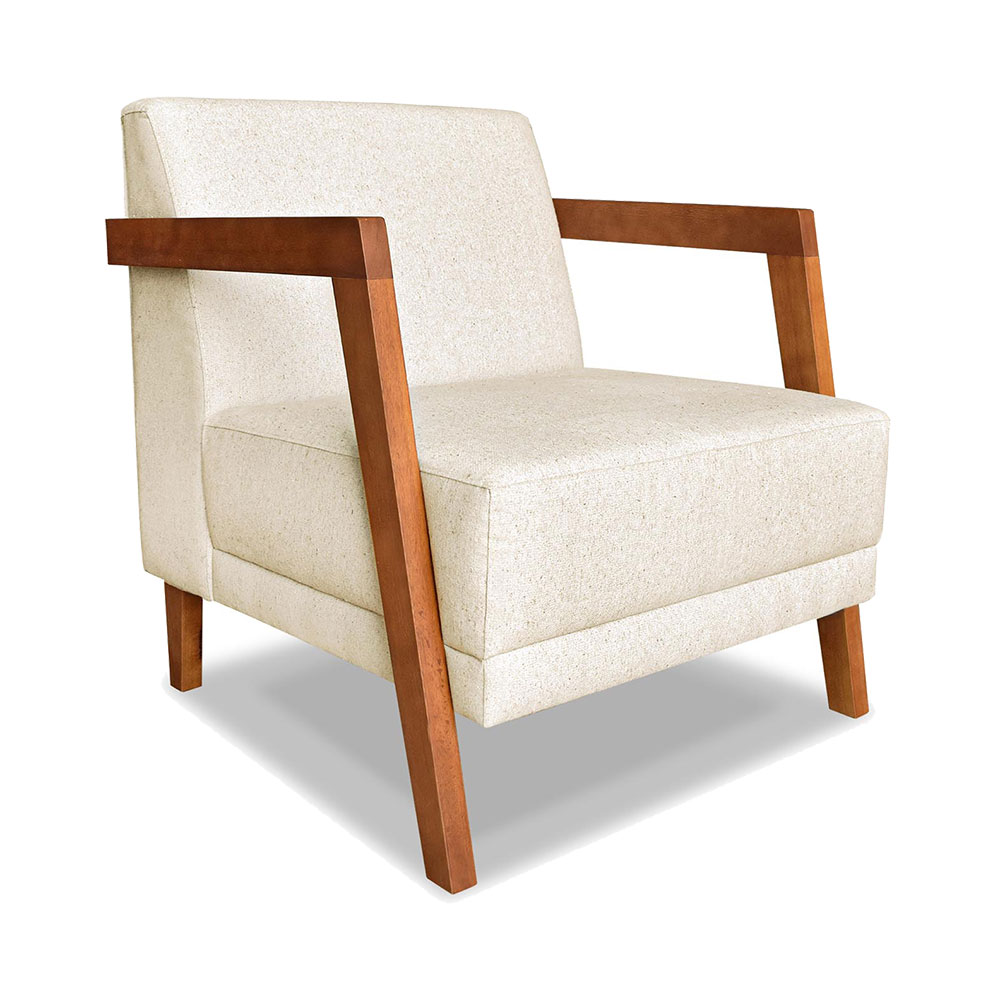 Kit 02 Poltronas Decorativa Natália Linho Bege Base em Madeira Castanho - Pallazio
