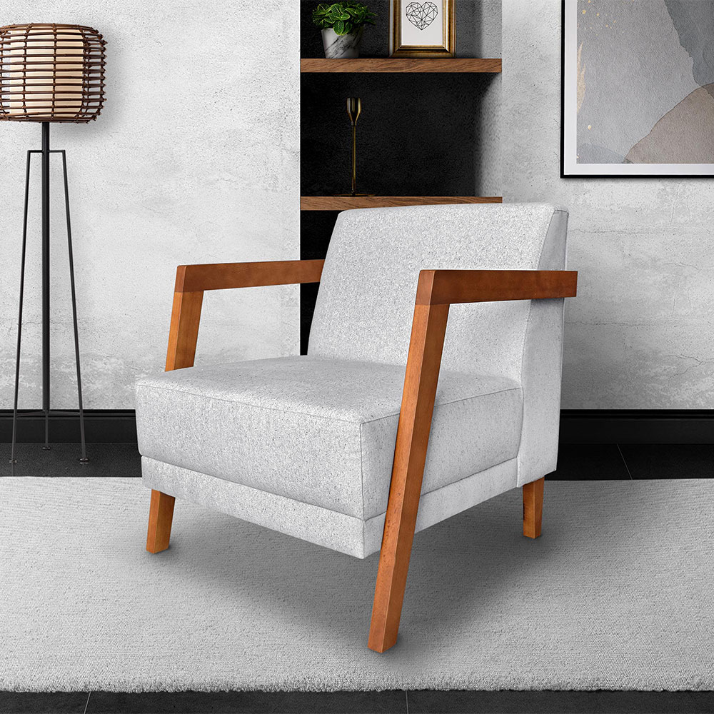 Kit 02 Poltronas Decorativa Natália Linho Cinza Base em Madeira Castanho - Pallazio