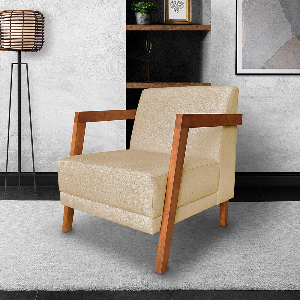 Kit 02 Poltronas Decorativa Natália Linho Dourado Base em Madeira Castanho - Pallazio