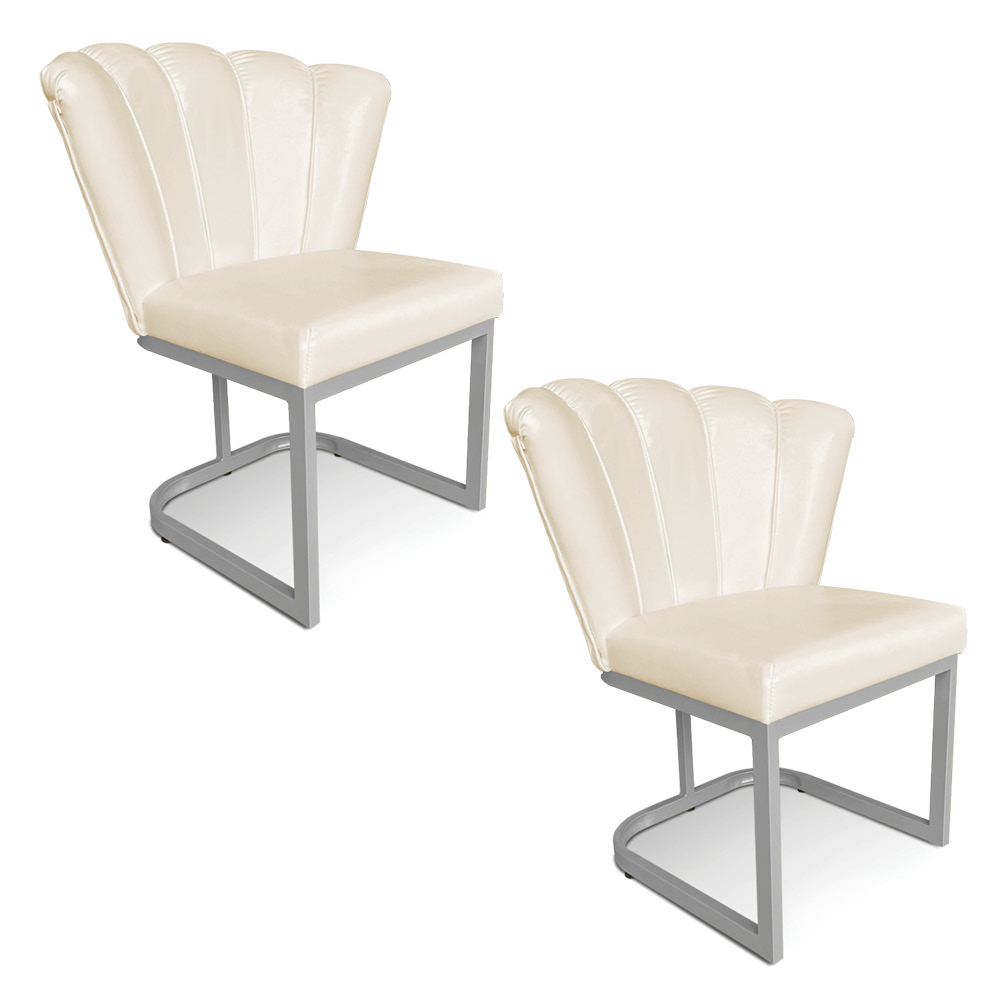 Kit 02 Poltronas Flor Corano Bege Base Metálica Industrial Prata - Pallazio