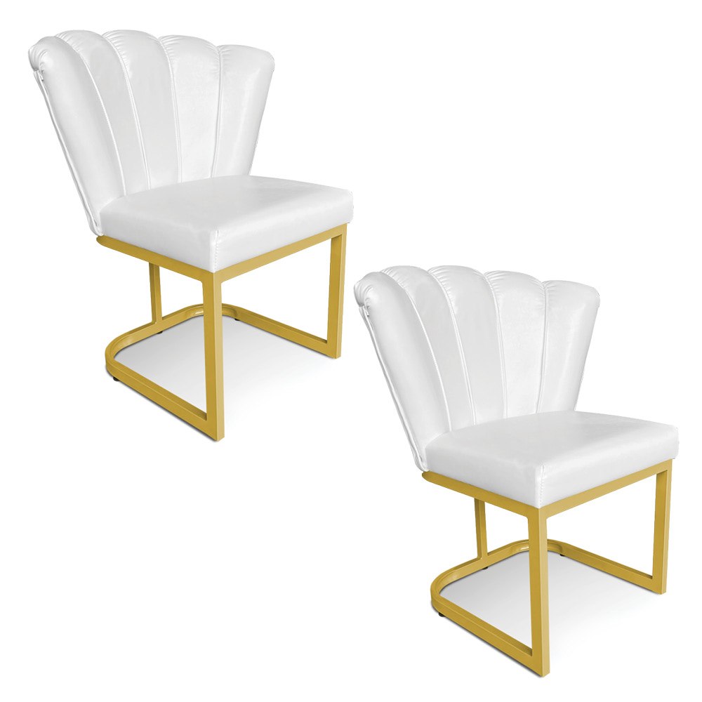Kit 02 Poltronas Flor Corano Branco Base Metálica Industrial Dourado - Pallazio