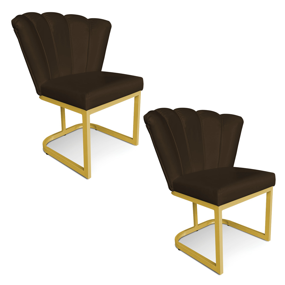 Kit 02 Poltronas Flor Corano Marrom Base Metálica Industrial Dourado - Pallazio