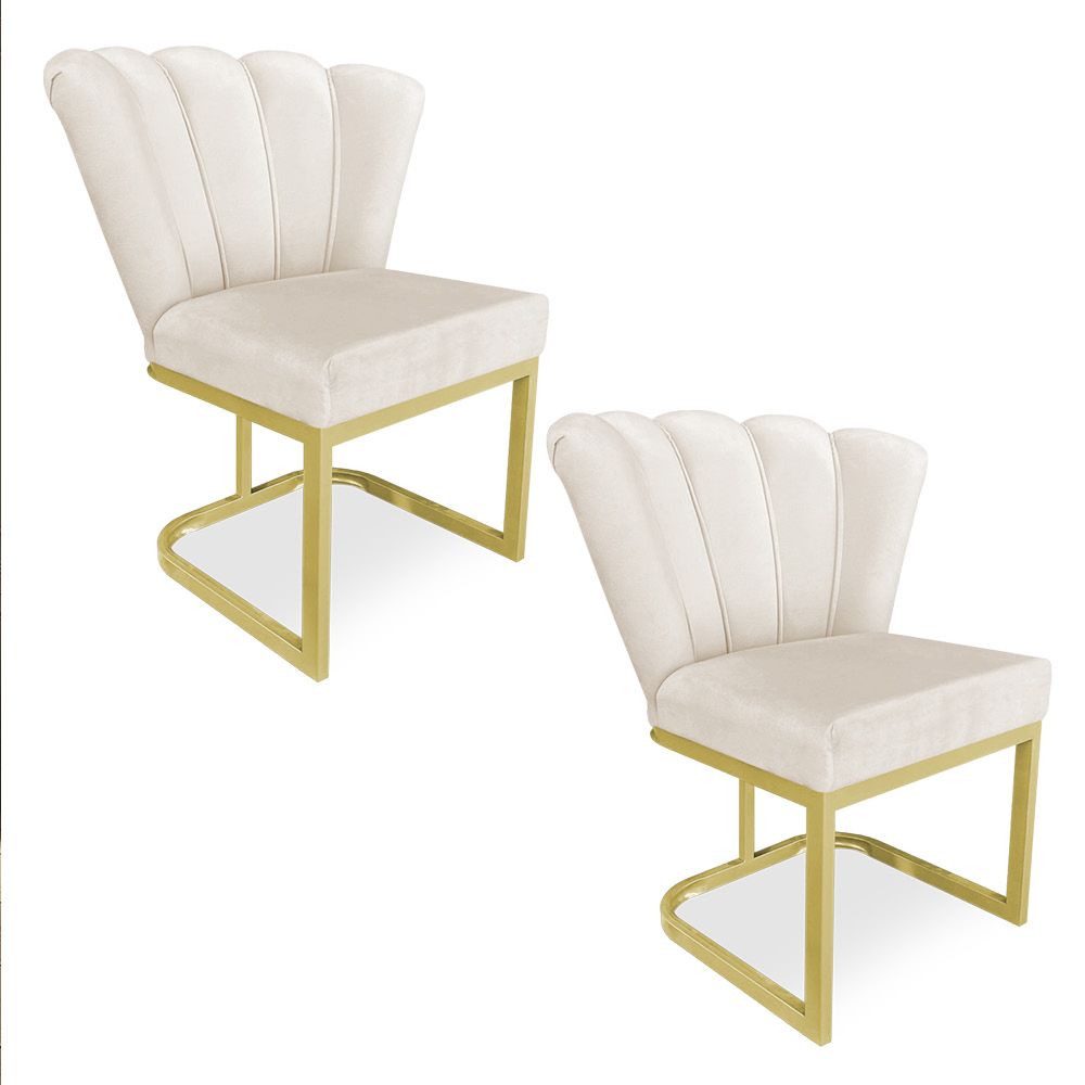 Kit 02 Poltronas Flor Veludo Bege Base Metálica Industrial Dourado - Pallazio