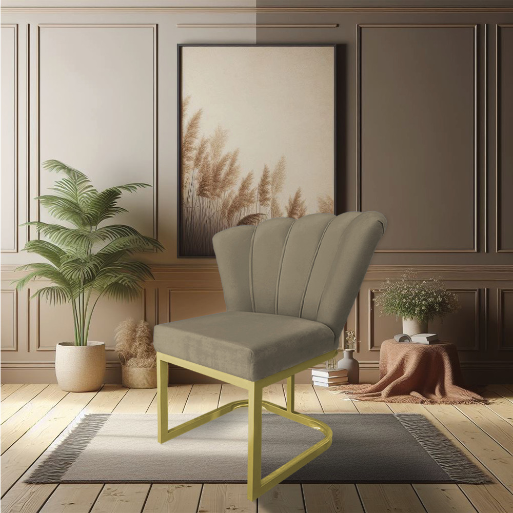 Kit 02 Poltronas Flor Veludo Capuccino Base Metálica Industrial Dourado - Pallazio