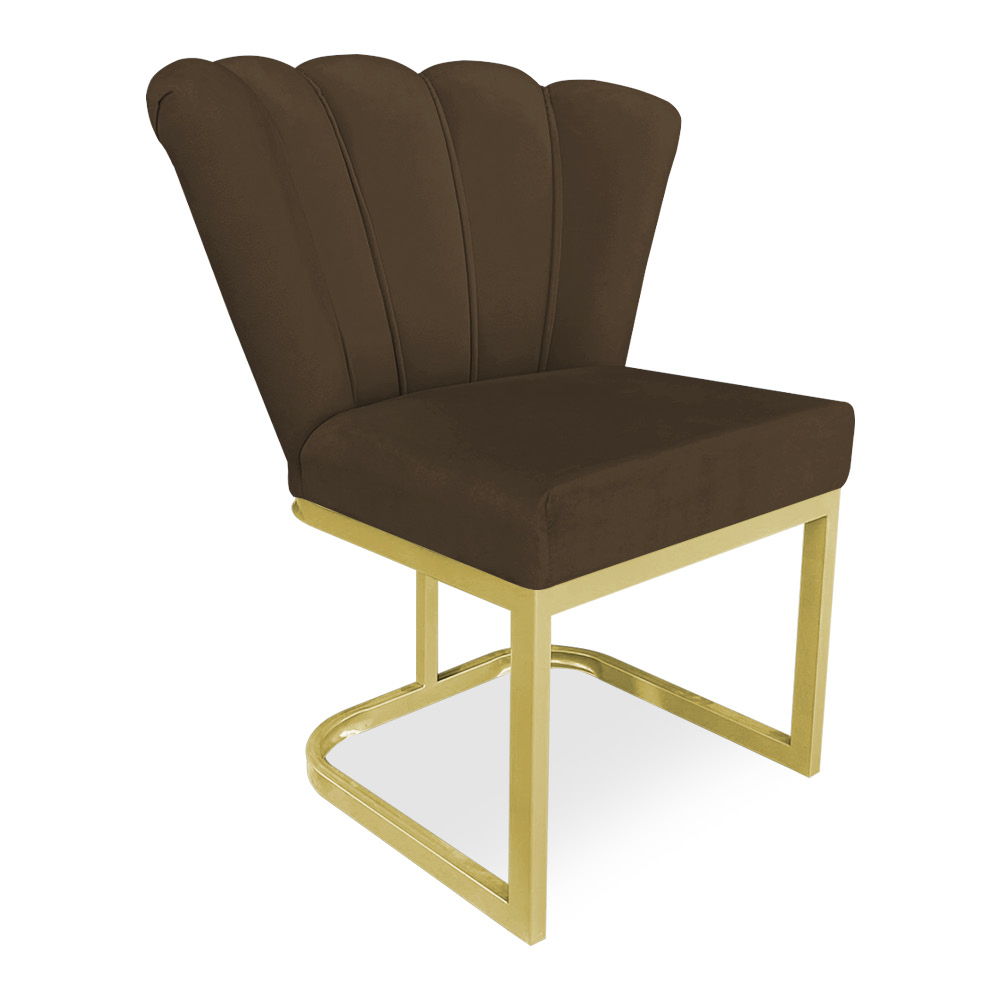 Kit 02 Poltronas Flor Veludo Marrom Base Metálica Industrial Dourado - Pallazio