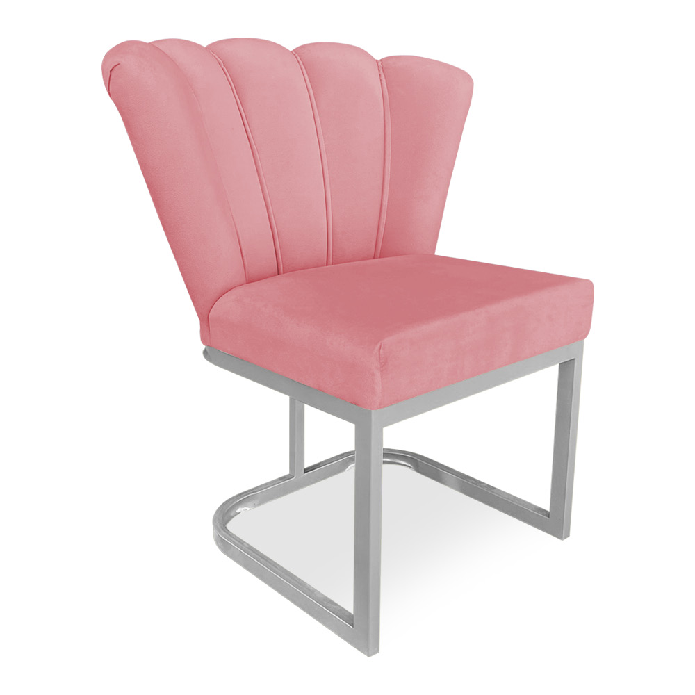 Kit 02 Poltronas Flor Veludo Rosê Base Metálica Industrial Prata - Pallazio
