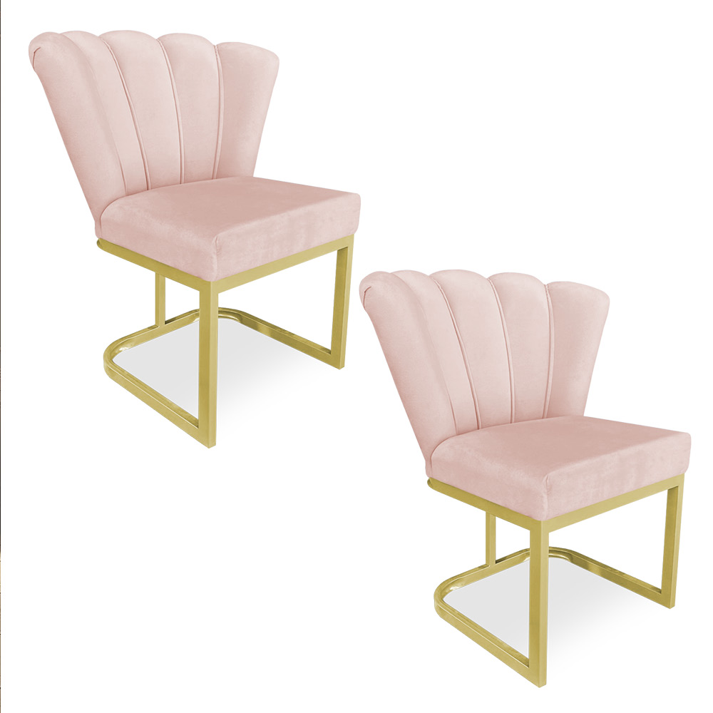 Kit 02 Poltronas Flor Veludo Rosa Bebê Base Metálica Industrial Dourado - Pallazio