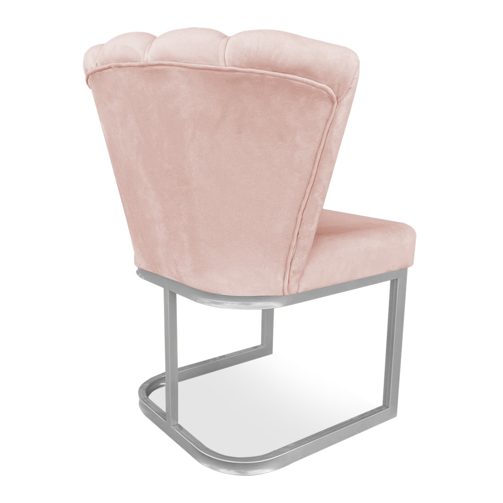 Kit 02 Poltronas Flor Veludo Rosa Bebê Base Metálica Industrial Prata - Pallazio