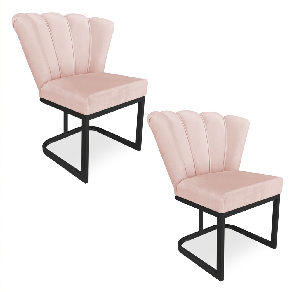 Kit 02 Poltronas Flor Veludo Rosa Bebê Base Metálica Industrial Preto - Pallazio