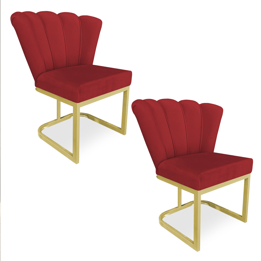 Kit 02 Poltronas Flor Veludo Vermelho Base Metálica Industrial Dourado - Pallazio