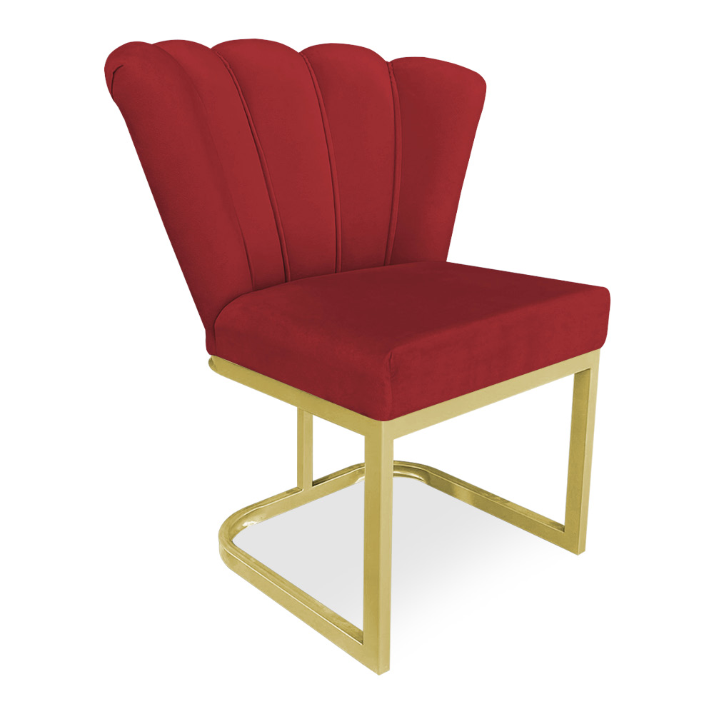Kit 02 Poltronas Flor Veludo Vermelho Base Metálica Industrial Dourado - Pallazio