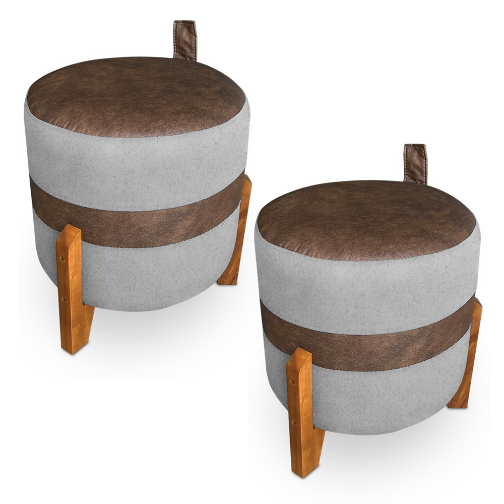 Kit 02 Puffs Le Mans Veludo Cinza e Corano Nozes Base de Madeira - Pallazio