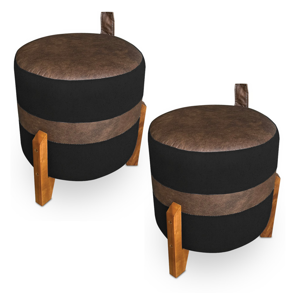 Kit 02 Puffs Le Mans Veludo Preto e Corano Nozes Base de Madeira - Pallazio