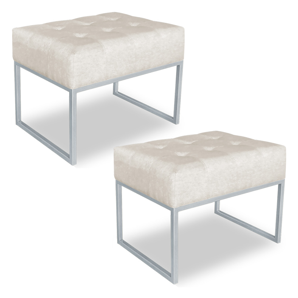 Kit 02 Puffs Lisa Suede Base Metálica Industrial Prata - Pallazio