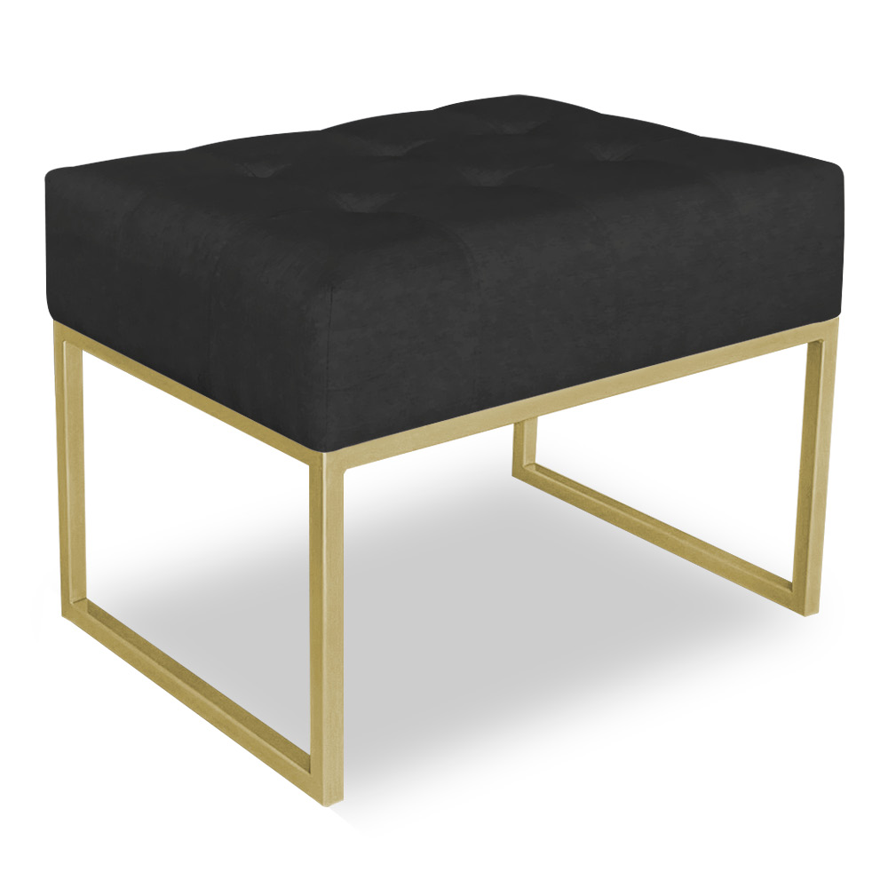 Kit 02 Puffs Lisa Suede Preto Base Metálica Industrial Dourado - Pallazio