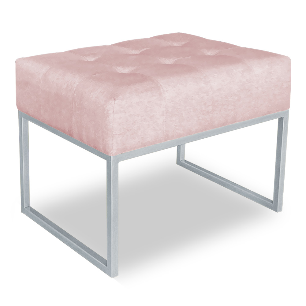 Kit 02 Puffs Lisa Suede Rosa Bebê Base Metálica Industrial Prata - Pallazio
