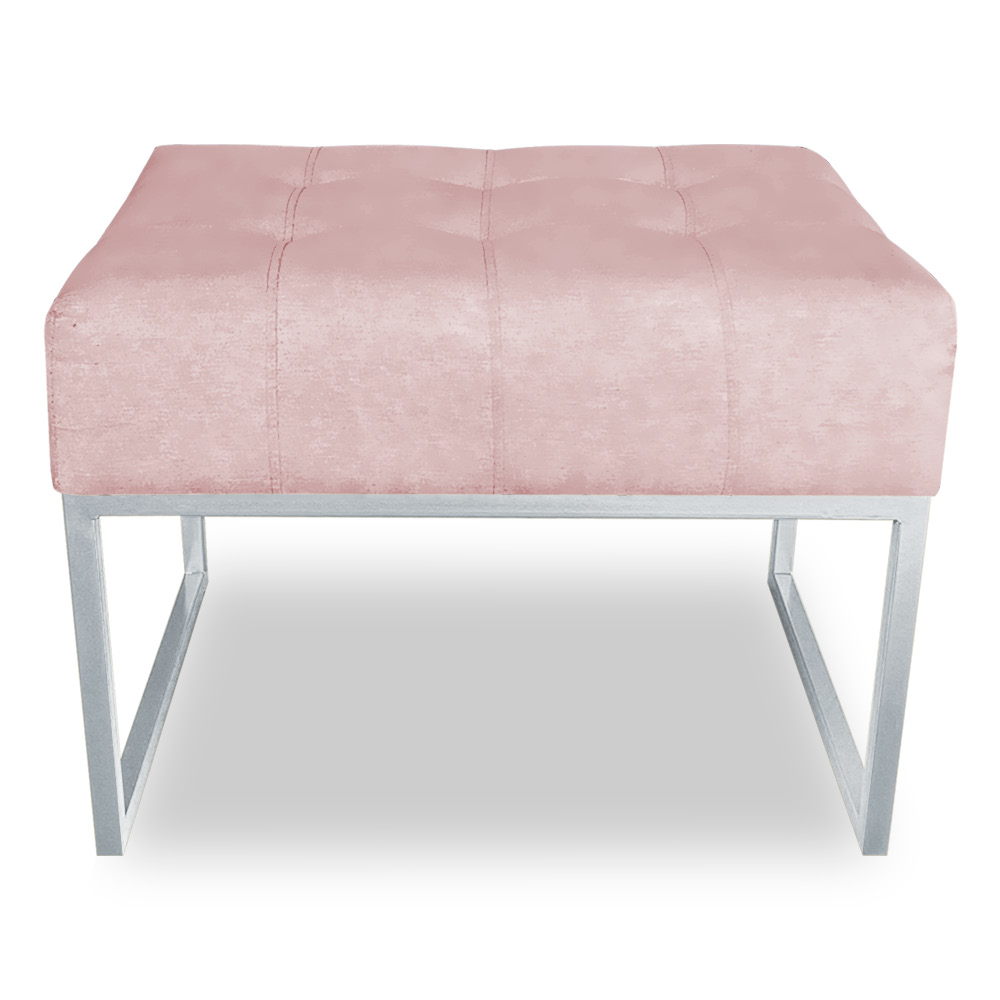 Kit 02 Puffs Lisa Suede Rosa Bebê Base Metálica Industrial Prata - Pallazio