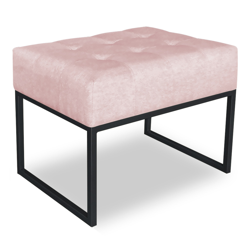 Kit 02 Puffs Lisa Suede Rosa Bebê Base Metálica Industrial Preto - Pallazio