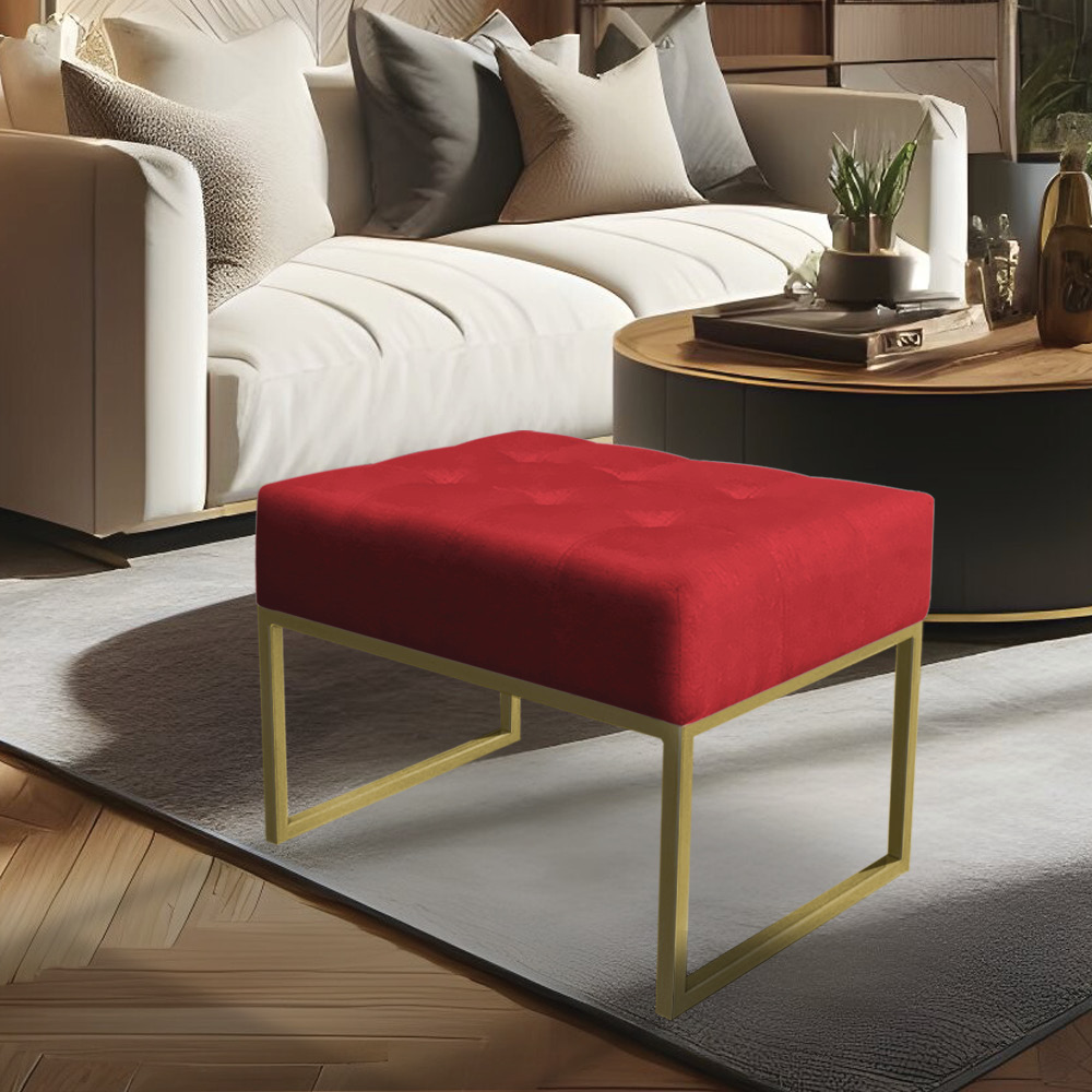 Kit 02 Puffs Lisa Suede Vermelho Base Metálica Industrial Dourado - Pallazio