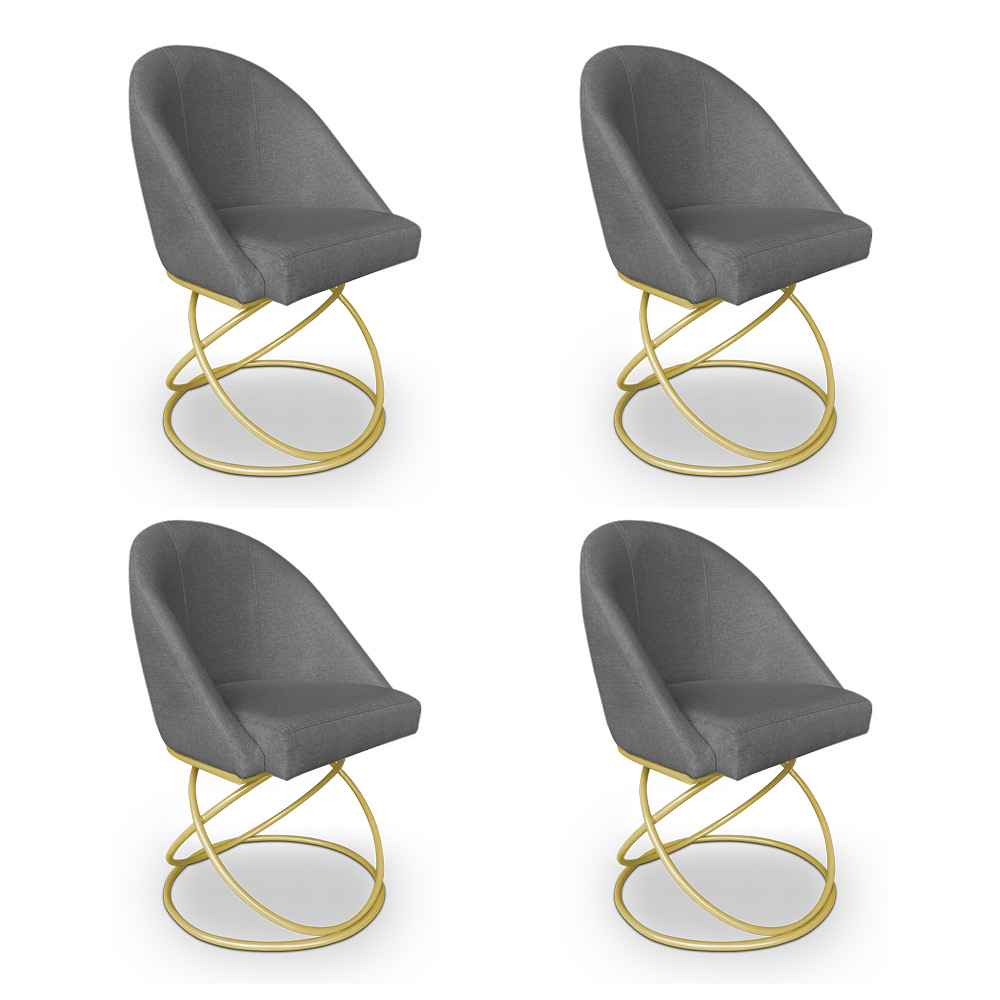 Kit 04 Cadeiras Poltrona de Jantar Bela Linho Grafite Base Metálica Luxo Dourado - Pallazio