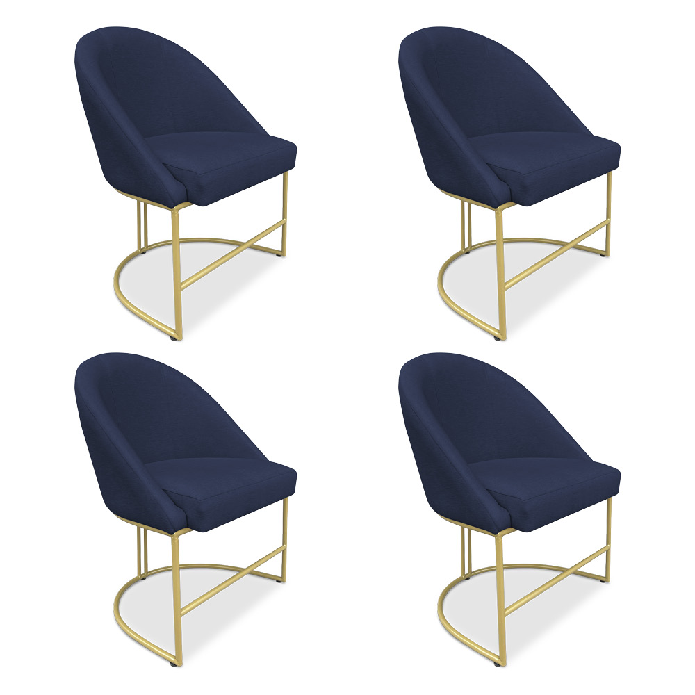 Kit 04 Cadeiras Poltrona de Jantar Bela Suede Azul Marinho Base Metálica Industrial Dourado - Pallazio