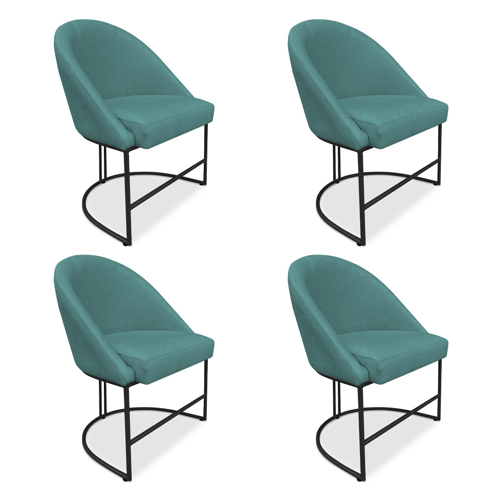 Kit 04 Cadeiras Poltrona de Jantar Bela Suede Azul Turquesa Base Metálica Industrial Preto - Pallazio