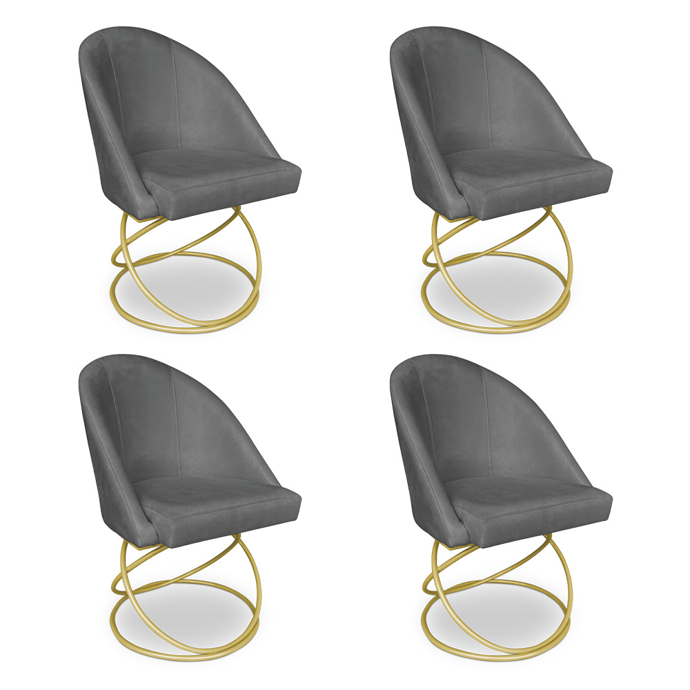 Kit 04 Cadeiras Poltrona de Jantar Bela Suede Grafite Base Metálica Luxo Dourado - Pallazio