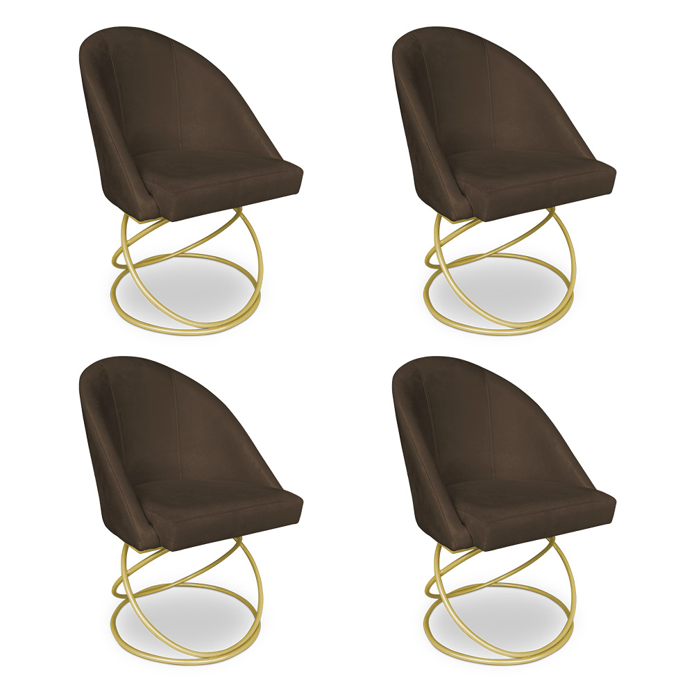 Kit 04 Cadeiras Poltrona de Jantar Bela Suede Marrom Base Metálica Luxo Dourado - Pallazio