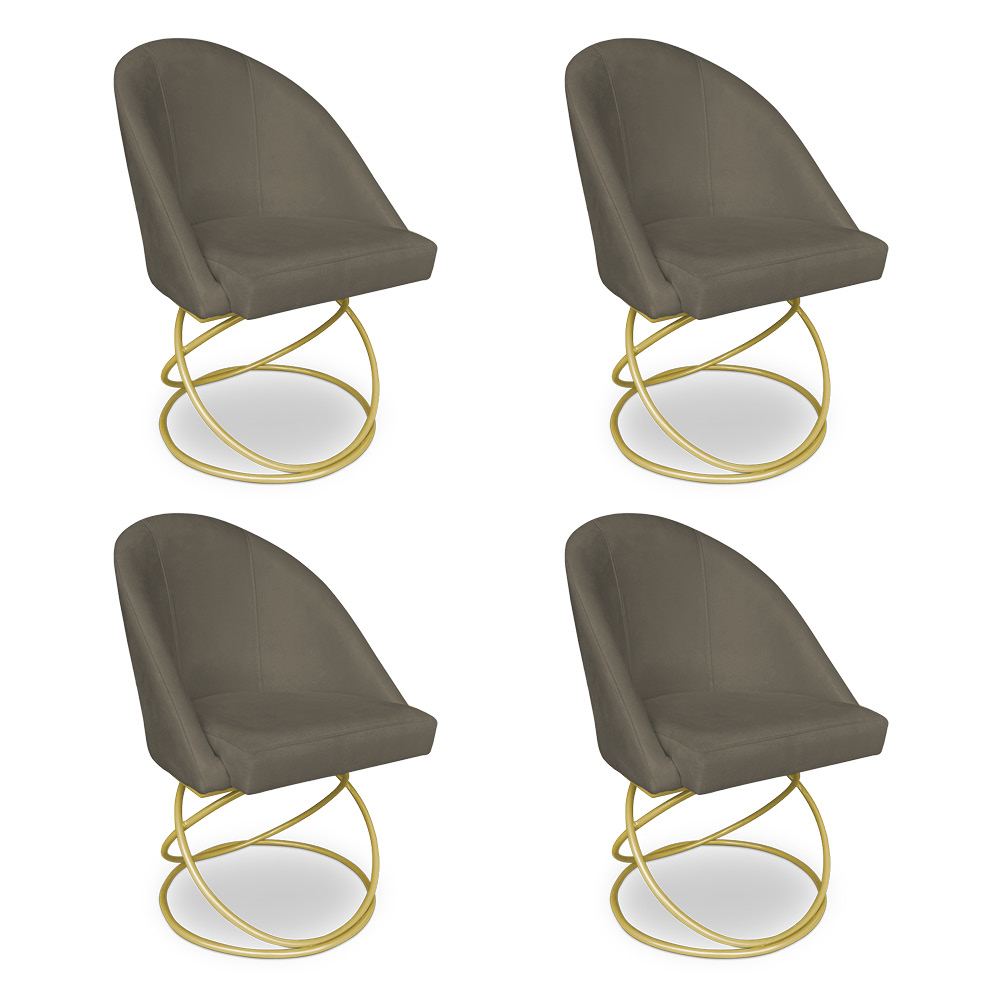 Kit 04 Cadeiras Poltrona de Jantar Bela Suede Marrom Rato Base Metálica Luxo Dourado - Pallazio