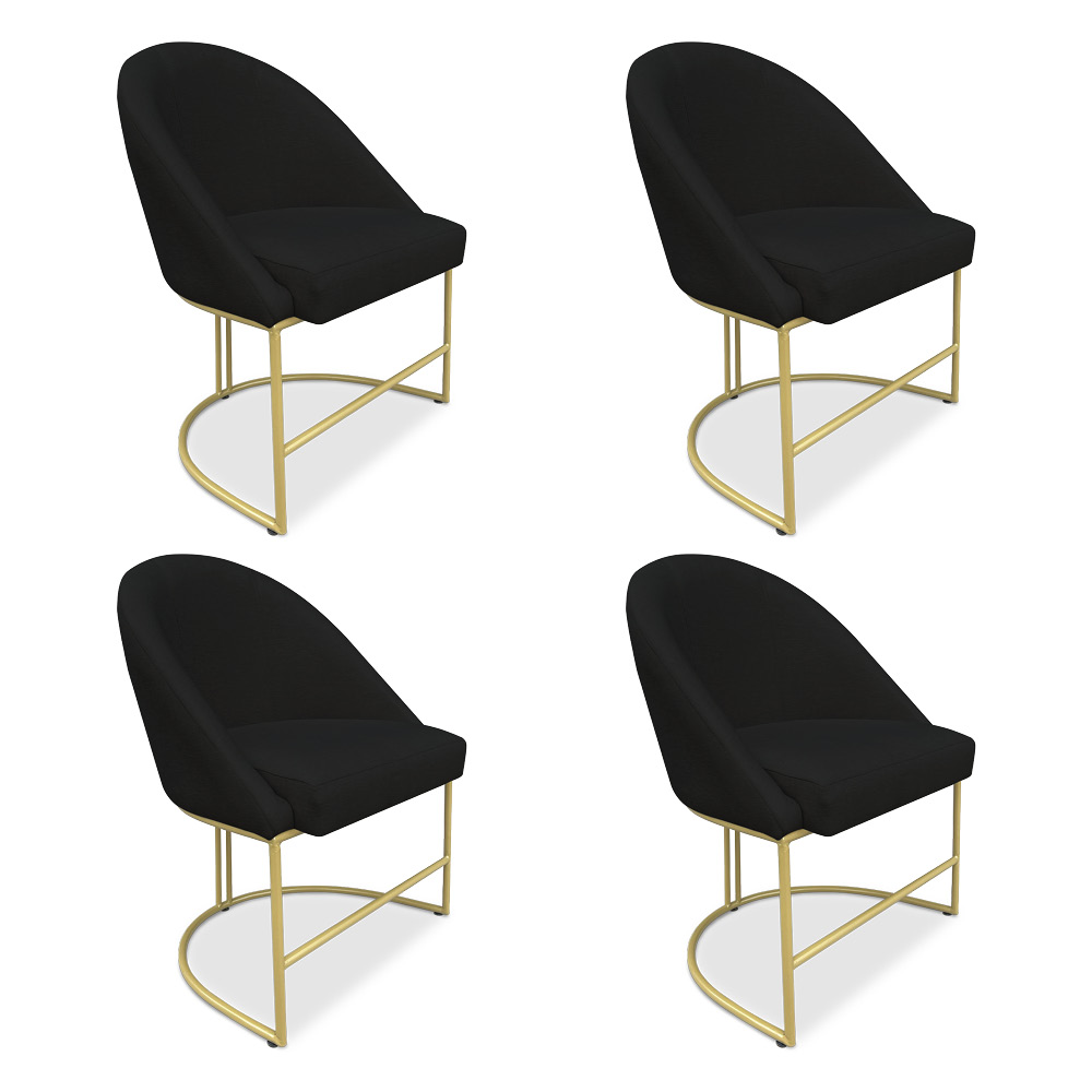 Kit 04 Cadeiras Poltrona de Jantar Bela Suede Preto Base Metálica Industrial Dourado - Pallazio
