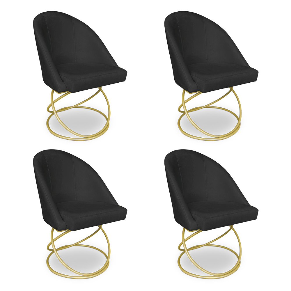 Kit 04 Cadeiras Poltrona de Jantar Bela Suede Preto Base Metálica Luxo Dourado - Pallazio