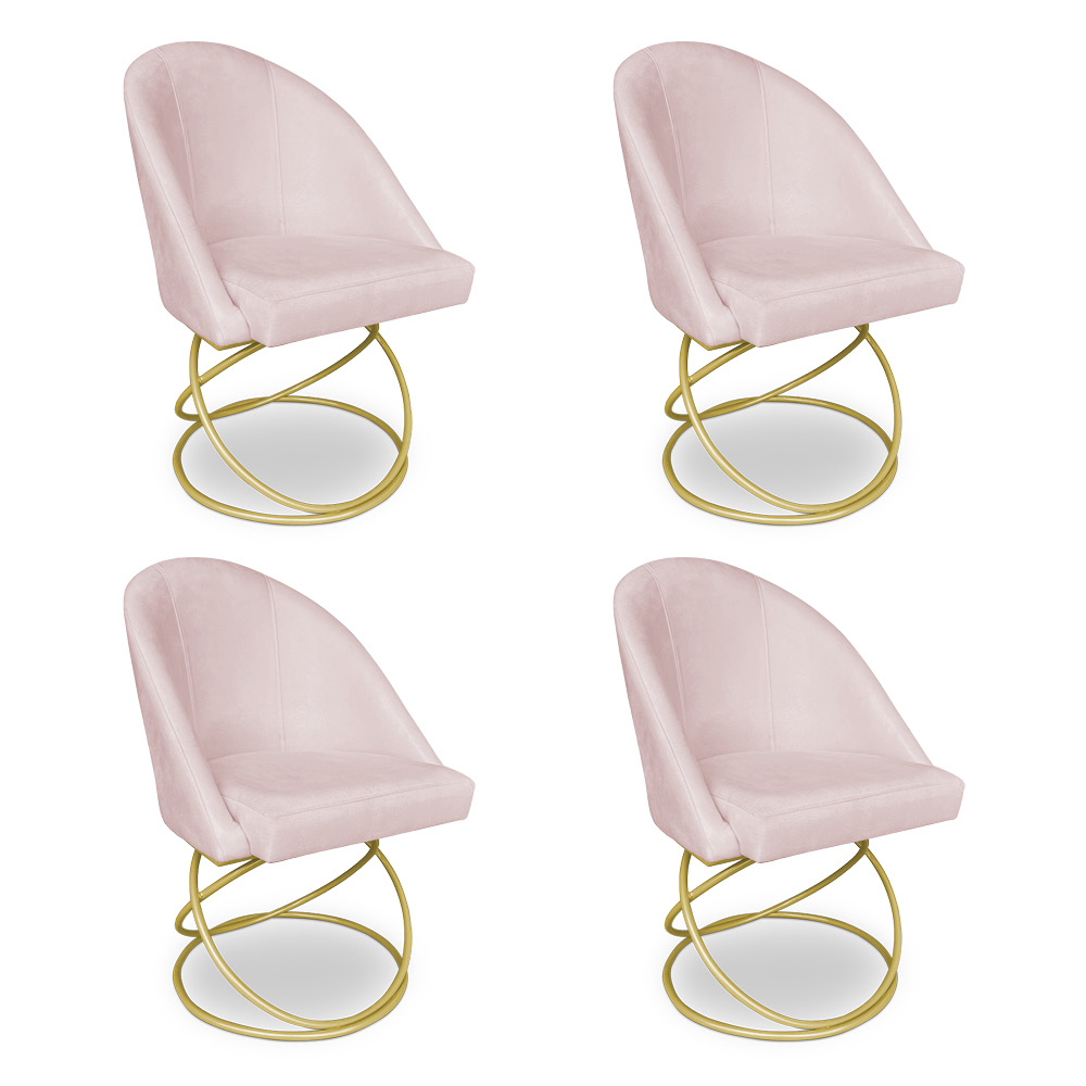 Kit 04 Cadeiras Poltrona de Jantar Bela Suede Rosa Bebê Base Metálica Luxo Dourado - Pallazio
