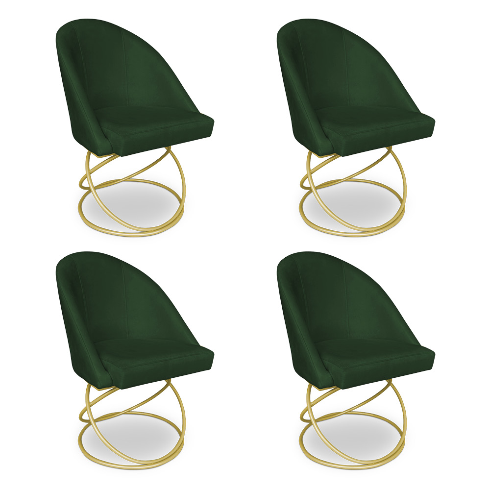 Kit 04 Cadeiras Poltrona de Jantar Bela Suede Verde Base Metálica Luxo Dourado - Pallazio