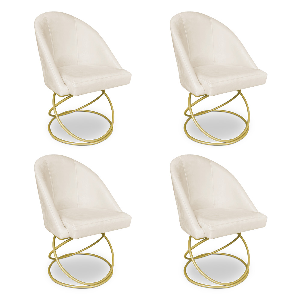 Kit 04 Cadeiras Poltrona de Jantar Bela Veludo Bege Base Metálica Luxo Dourado - Pallazio