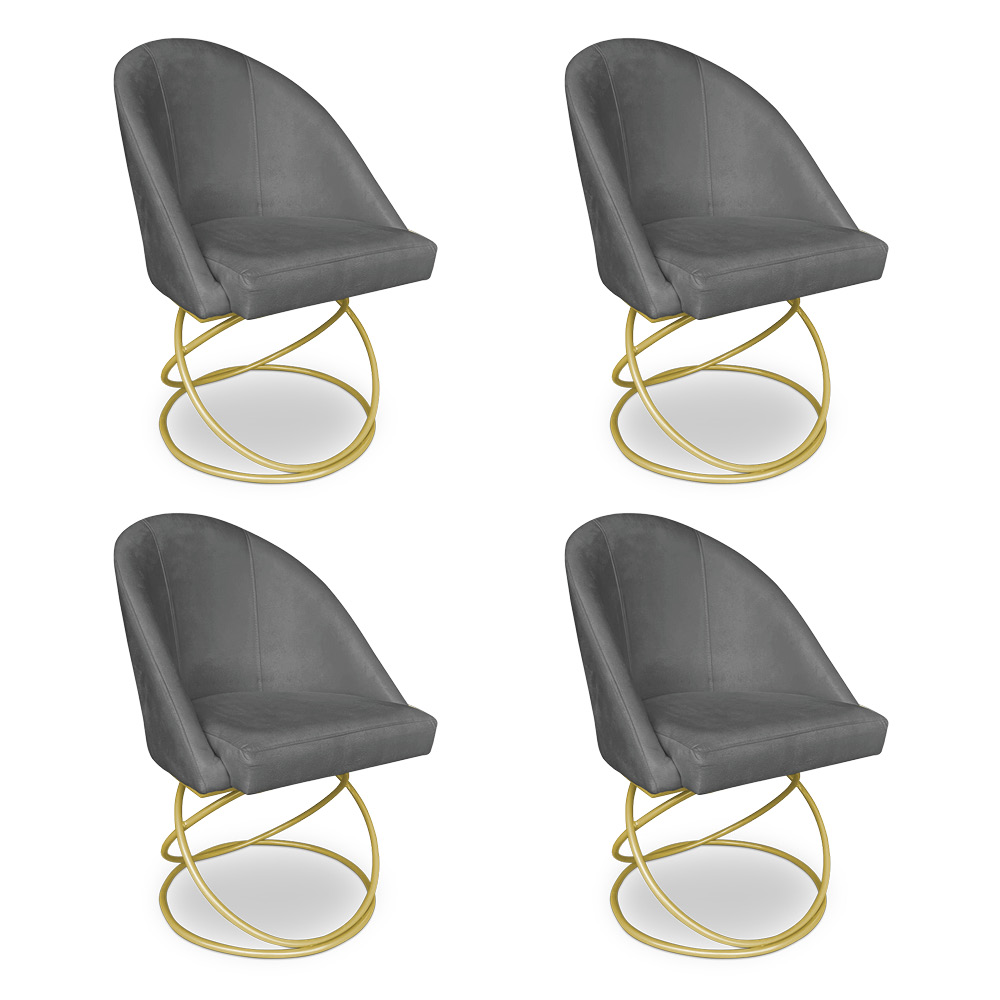 Kit 04 Cadeiras Poltrona de Jantar Bela Veludo Grafite Base Metálica Luxo Dourado - Pallazio