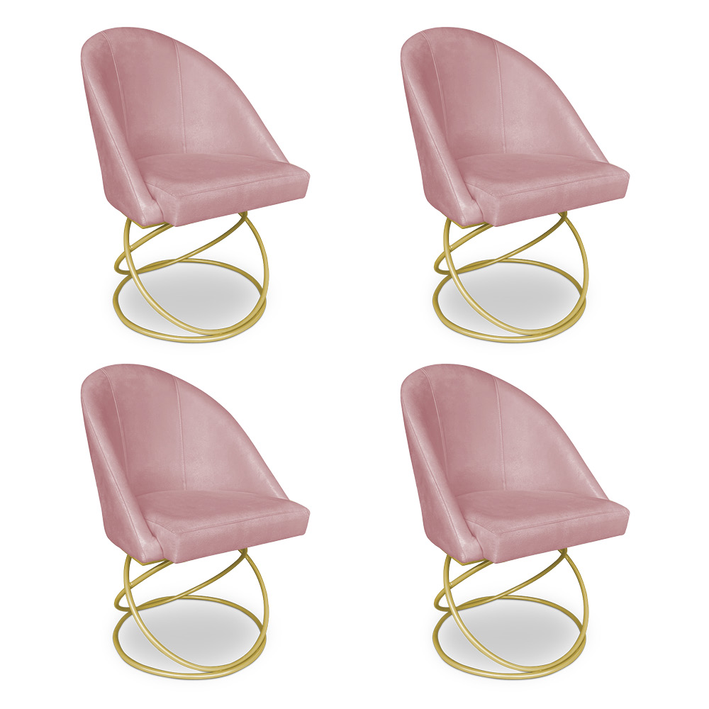 Kit 04 Cadeiras Poltrona de Jantar Bela Veludo Rosê Base Metálica Luxo Dourado - Pallazio
