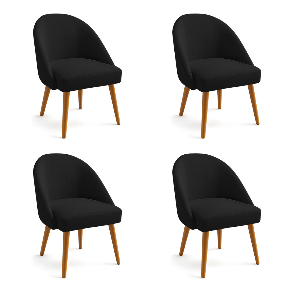 Kit 04 Cadeiras Poltrona de Jantar Estofada Luna Boucle Preto Pés Palito Castanho - Pallazio