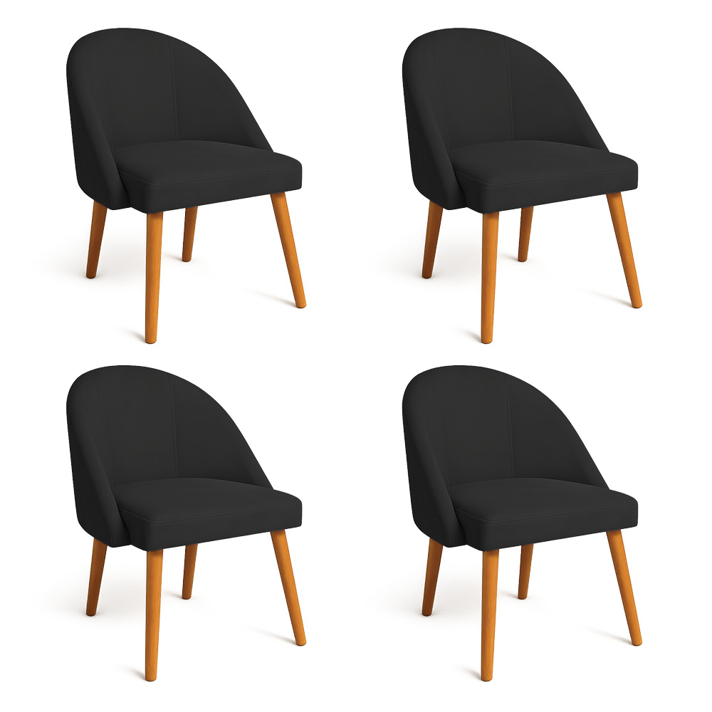Kit 04 Cadeiras Poltrona de Jantar Luna Suede Preto Pés Palito Castanho - Pallazio