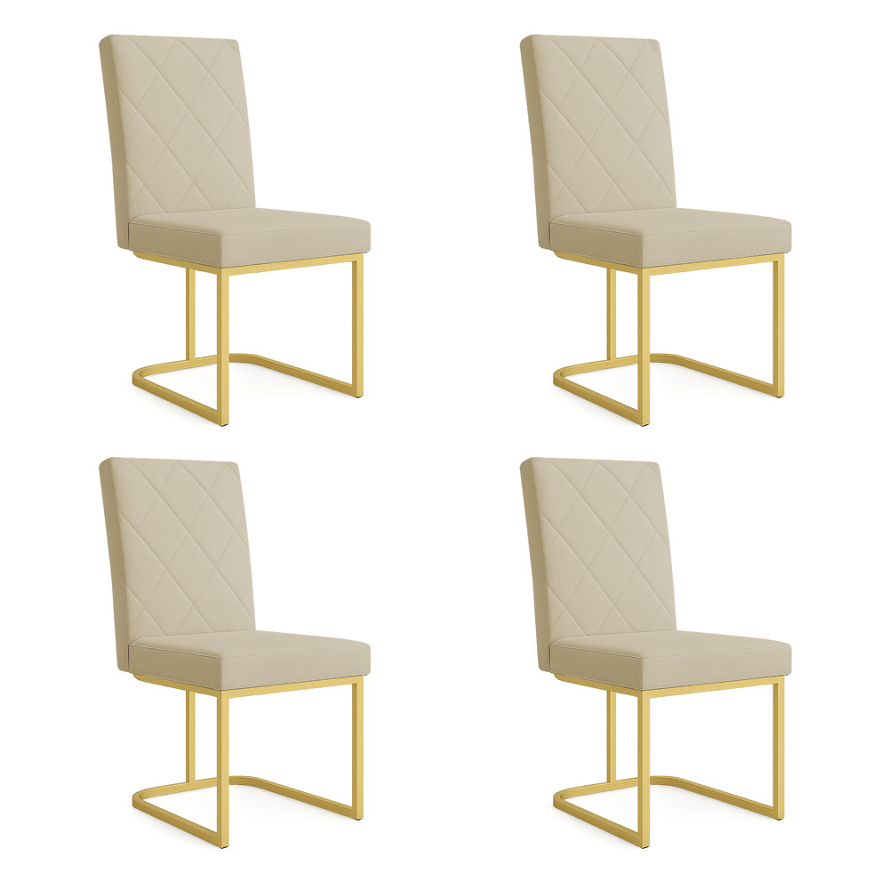 Kit 04 Cadeiras de Jantar Estofada Siena Linho Dourado Base de Ferro Dourada - Pallazio