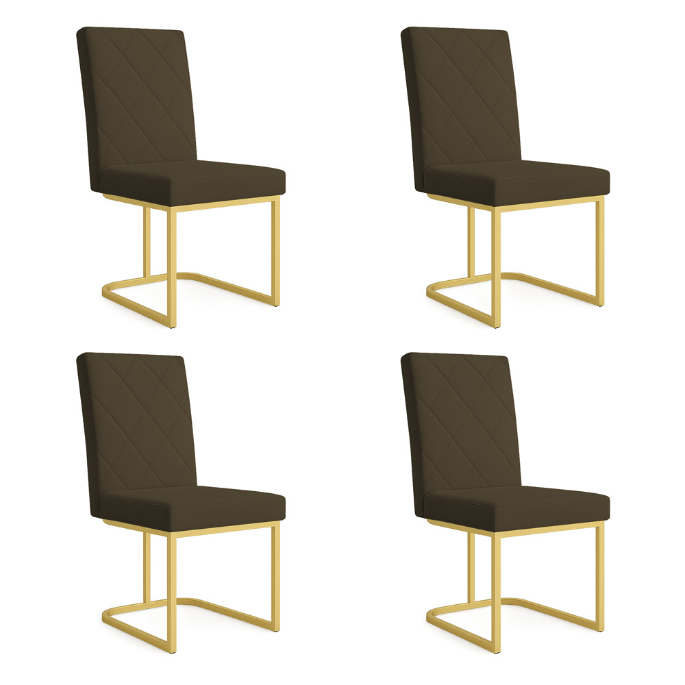Kit 04 Cadeiras de Jantar Estofada Siena Linho Marrom Café Base de Ferro Dourada - Pallazio