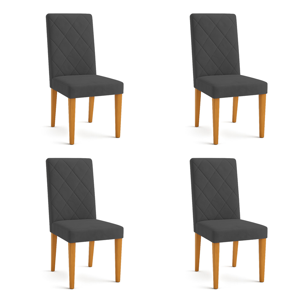 Kit 04 Cadeiras de Jantar Estofada Siena Veludo Grafite Pés Trapézio Castanho - Pallazio