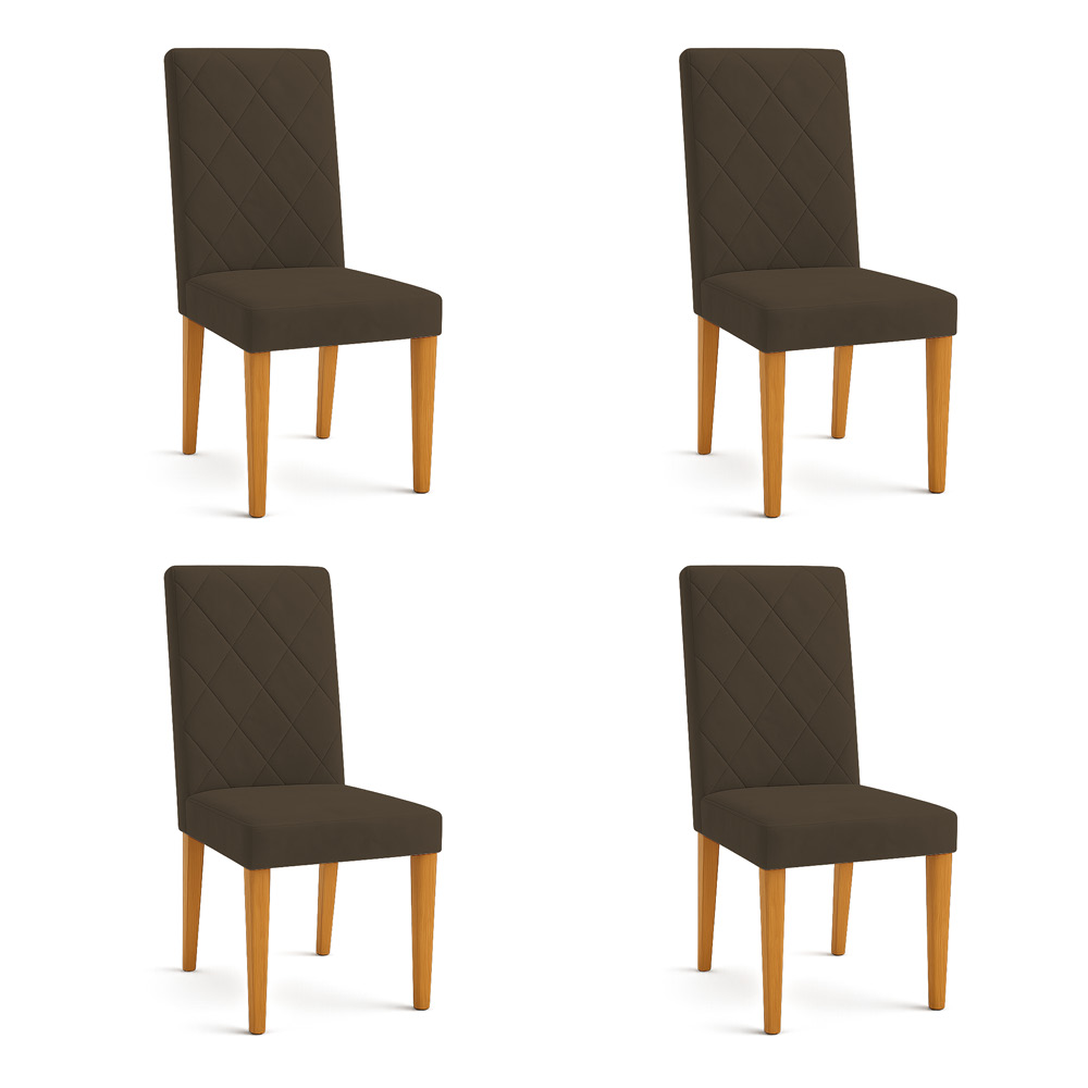 Kit 04 Cadeiras de Jantar Estofada Siena Veludo Marrom Pés Trapézio Castanho - Pallazio
