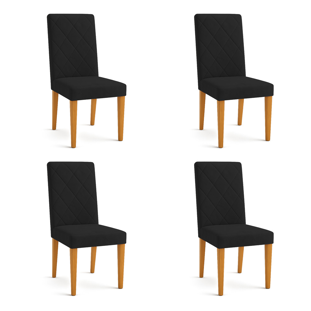 Kit 04 Cadeiras de Jantar Estofada Siena Veludo Preto Pés Trapézio Castanho - Pallazio