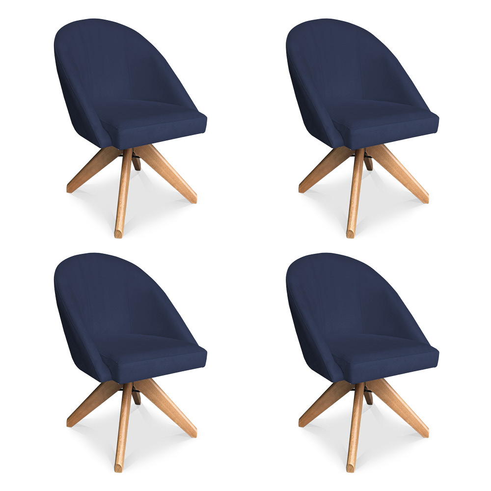 Kit 04 Poltronas Cadeira Giratória Bela Suede Azul Marinho Base de Madeira - Pallazio