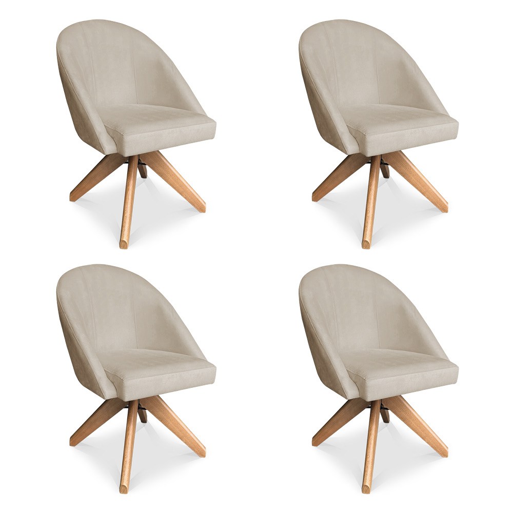 Kit 04 Poltronas Cadeira Giratória Bela Suede Bege Base de Madeira - Pallazio