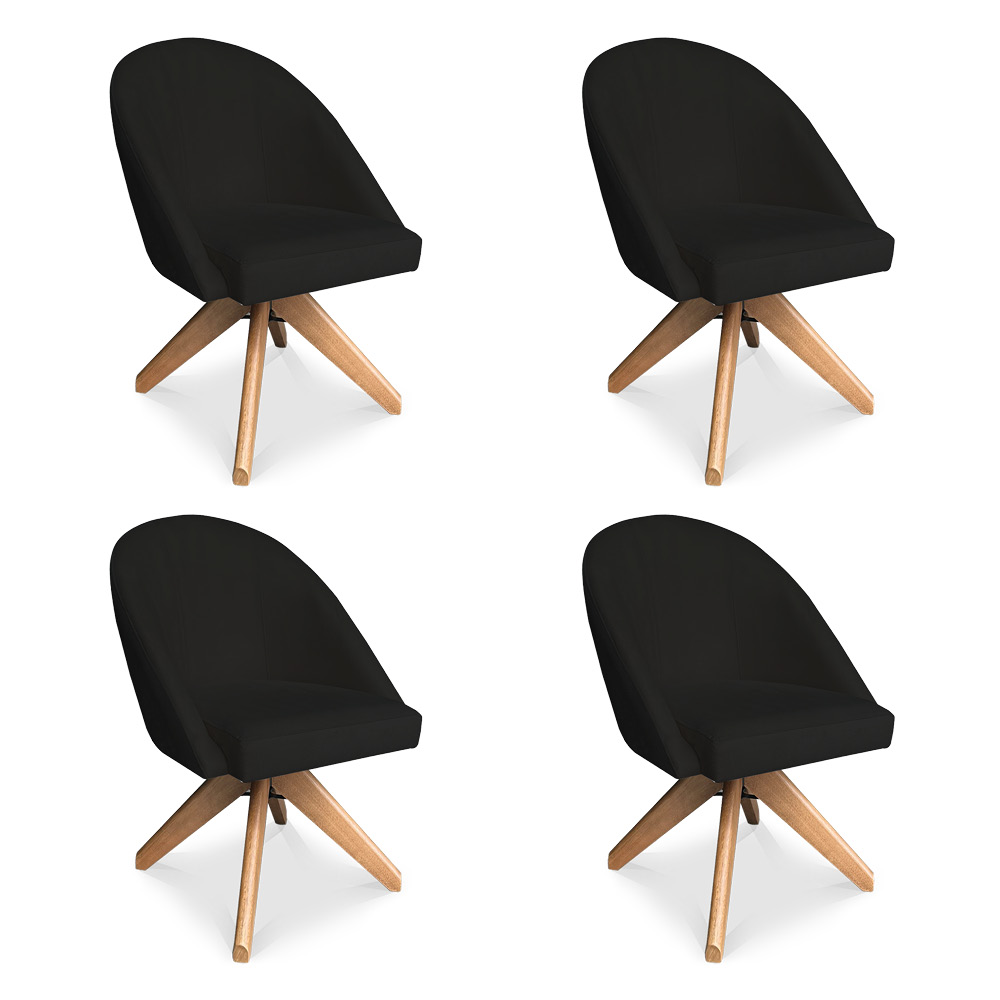 Kit 04 Poltronas Cadeira Giratória Bela Suede Preto Base de Madeira - Pallazio
