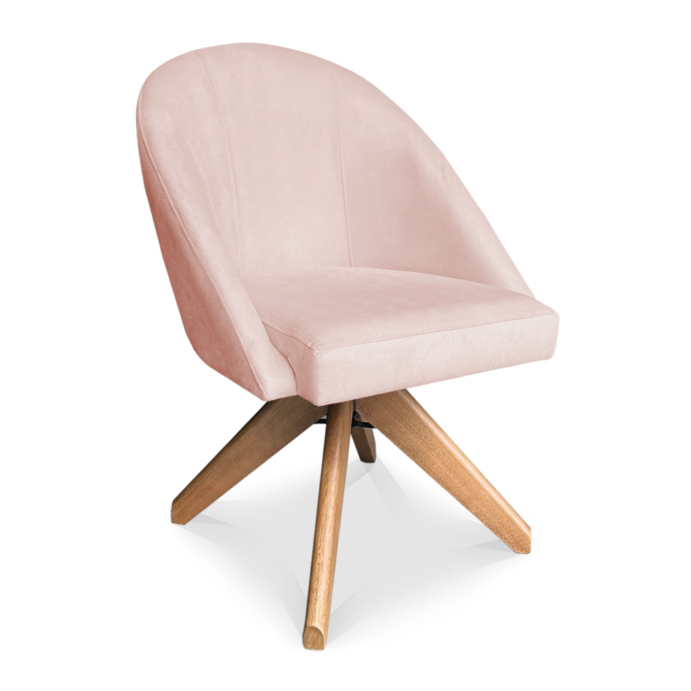 Kit 04 Poltronas Cadeira Giratória Bela Suede Rosa Bebê Base de Madeira - Pallazio