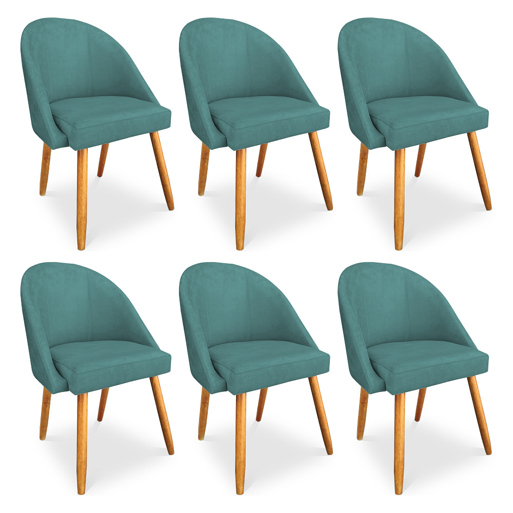 Kit 06 Cadeiras Jantar Bela Suede Azul Turquesa Pés Palito Castanho - Pallazio