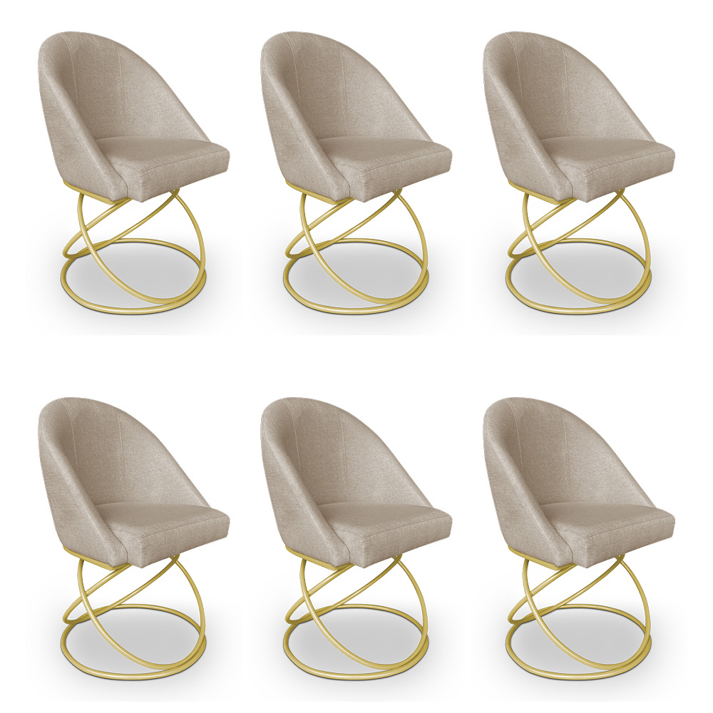 Kit 06 Cadeiras Poltrona de Jantar Bela Linho Bege Base Metálica Luxo Dourado - Pallazio